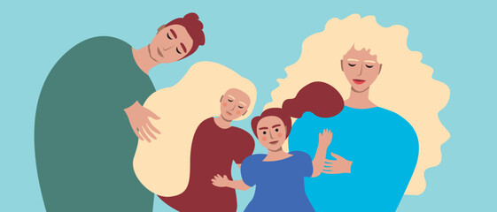 Family home and big happy family, flat vector stock illustration with grandma and grandpa, mom and dad and kids