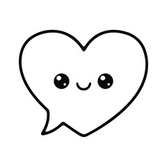 Cute heart shaped speech bubble with kawaii face and black outline on a white background vector image