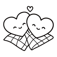 Two heart shaped characters snuggling under a checkered blanket with a small heart above them all together