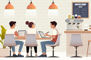 Flat vector illustration of a diverse business team working remotely at a coffee shop with laptops