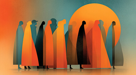 Unity in Diversity Abstract Art, People Illustration with Earth Tones and Gradient Backdrop