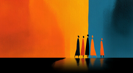 Unity in Diversity Abstract Art, People Illustration with Earth Tones and Gradient Backdrop