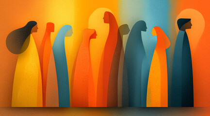 Unity in Diversity Abstract Art, People Illustration with Earth Tones and Gradient Backdrop