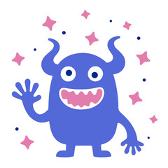 Illustration of a cheerful blue monster with horns waving surrounded by stars and small circles