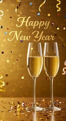 Champagne Glasses with Confetti and Happy New Year Text &ndash; Golden Festive Holiday Background