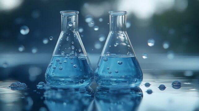 Two Erlenmeyer flasks filled with blue liquid and bubbles amidst floating droplets