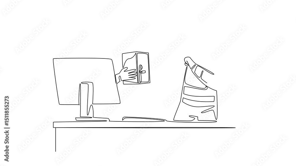 Poster animation of continuous one line drawing hand of astronaut out of monitor screen while holding a saf