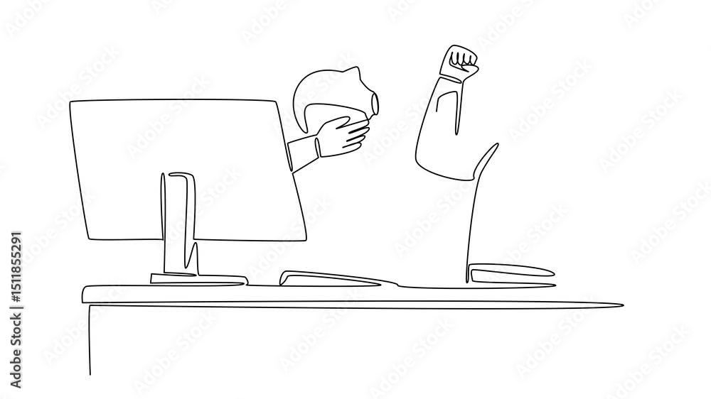 Poster animated self drawing of single continuous line drawing hand of astronaut out of monitor screen whil
