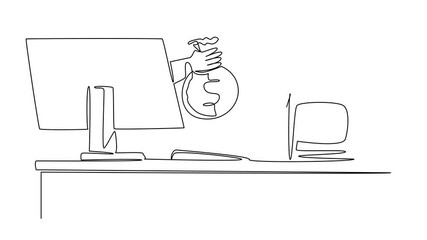 Animation of single continuous line drawing hand of astronaut comes out of monitor screen while holding a money bag. Things from Screen. One line self drawing animated. Full length motion - Powered by Adobe