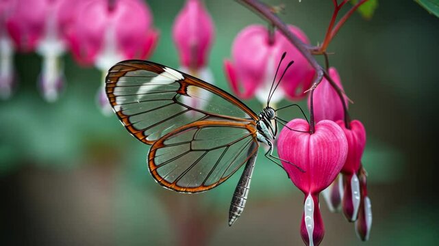 A glasswing butterfly clings to bleeding heart flowers delicately.