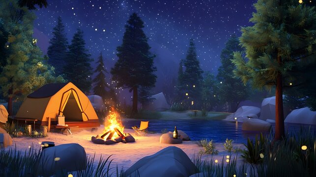 A cozy campsite beside a glowing campfire under the stars