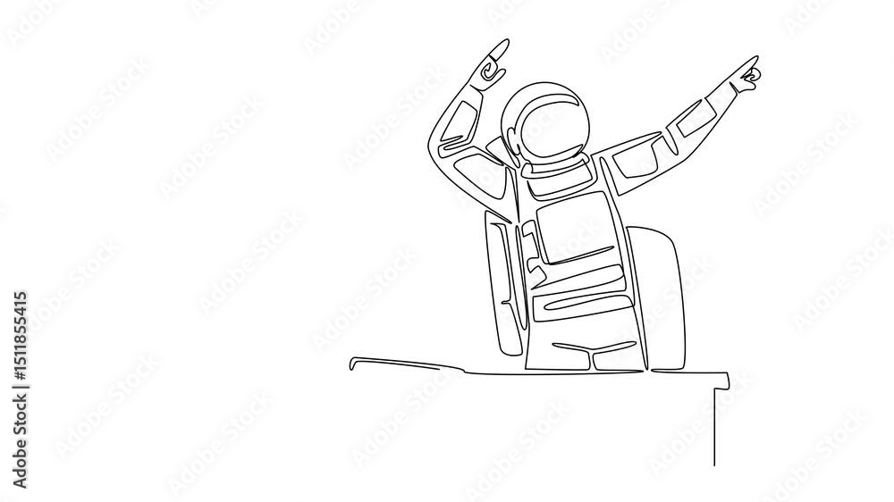 Poster animation of continuous one line drawing hand of astronaut out of monitor screen while holding a min
