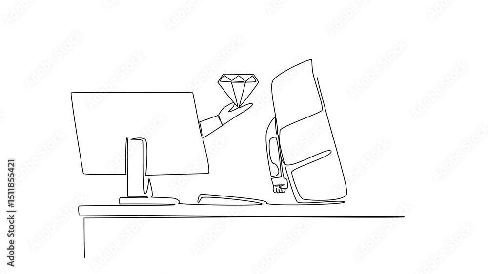 Poster self drawing animation of single line drawing hand of astronaut out of monitor screen while holds di