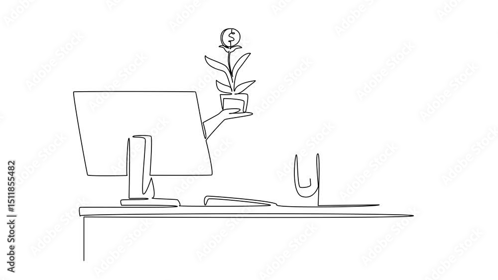 Poster animated self drawing of continuous line drawing hand of astronaut out of monitor screen while hold 