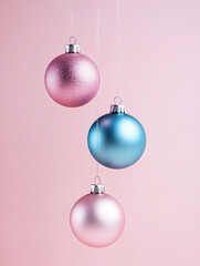 Three colorful christmas ornaments in pink blue and white hanging against soft pink background creating festive holiday decoration