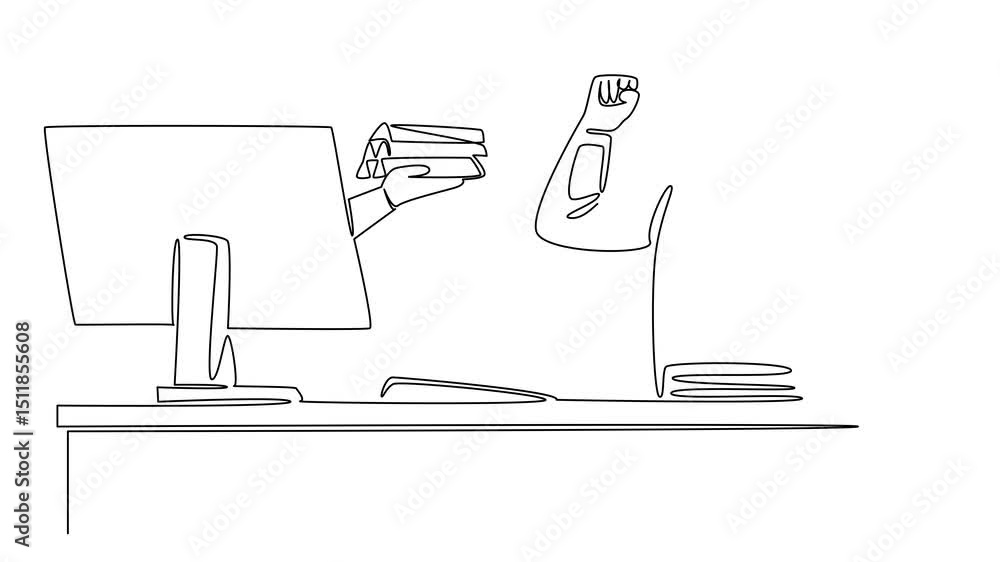 Poster self drawing animation of continuous line drawing hand of astronaut out of monitor screen while hold