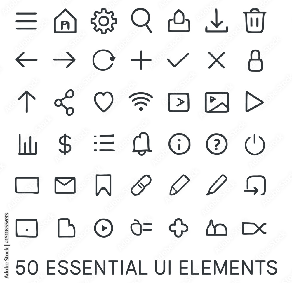 Wall mural 50 essential ui icons – minimal black and white line art vector for app and web interface