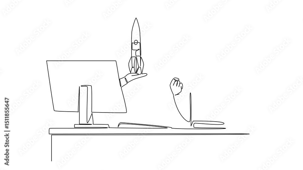 Poster animation of single one line drawing hand of astronaut out of monitor screen while holding a rocket.