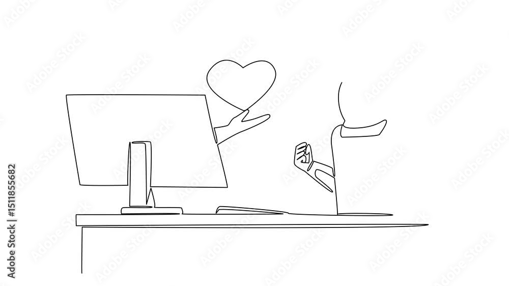Poster animated self drawing of single continuous line drawing hand of astronaut out of monitor screen whil