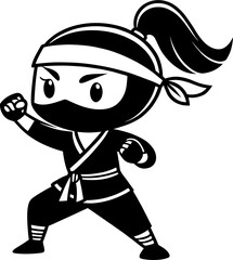 Cute Female Ninja in Fighting Pose – Black and White Cartoon Vector Character