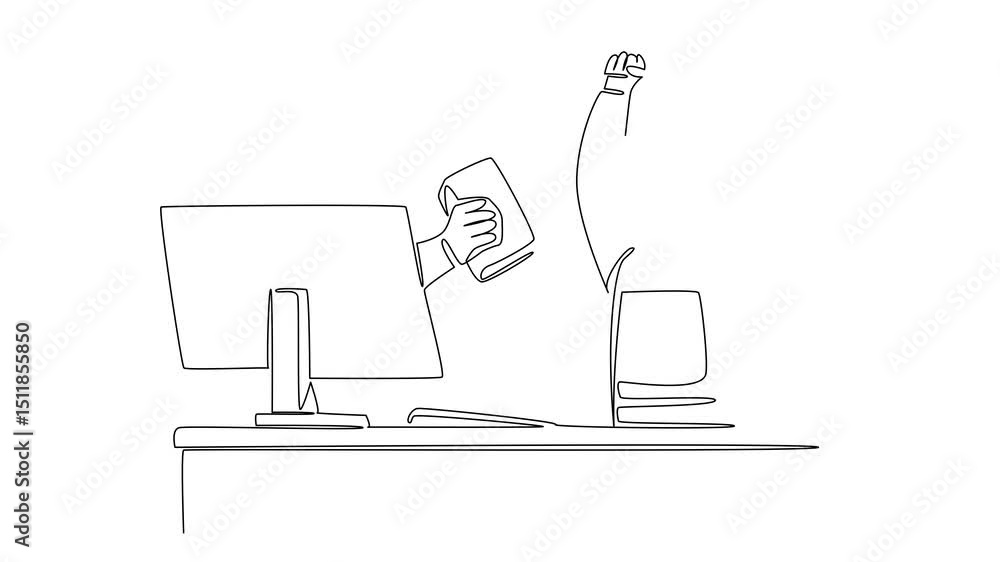 Poster animation of single one line drawing hand of astronaut out of monitor screen while holding a thick b