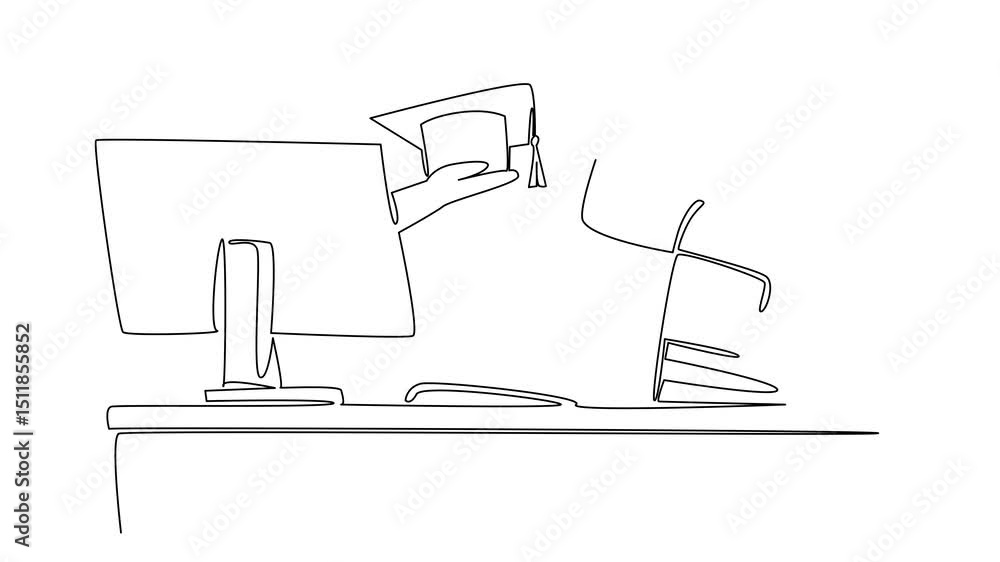 Poster animated self drawing of continuous line drawing hand of astronaut out of monitor screen while holdi