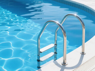 Grab bars ladder in the blue swimming pool.