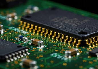 High Resolution Macro Close Up of Modern Microchip on Green Printed Circuit Board with Gold Connectors and Electronic Components for Technology Concepts
