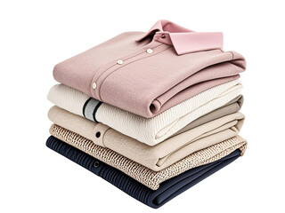 pile of colorful sweaters and shirts folded in soft knitted texture on white background