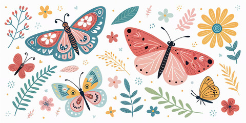 Various colorful Butterflies, moths. Abstract simple shapes. Hand drawn modern Vector illustration. Isolated design elements. Poster, logo, sticker, print, design templates
More