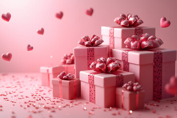 Pink gift boxes adorned with bows and hearts on a sparkling pink background.