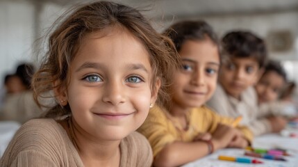 Obraz premium A group of cheerful children sits together at a table, engaged in drawing and coloring. They share laughter and camaraderie while expressing their creativity in a warm, inviting environment