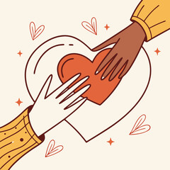 Illustration of diverse hands reaching for a heart symbol, representing love, unity, and connection