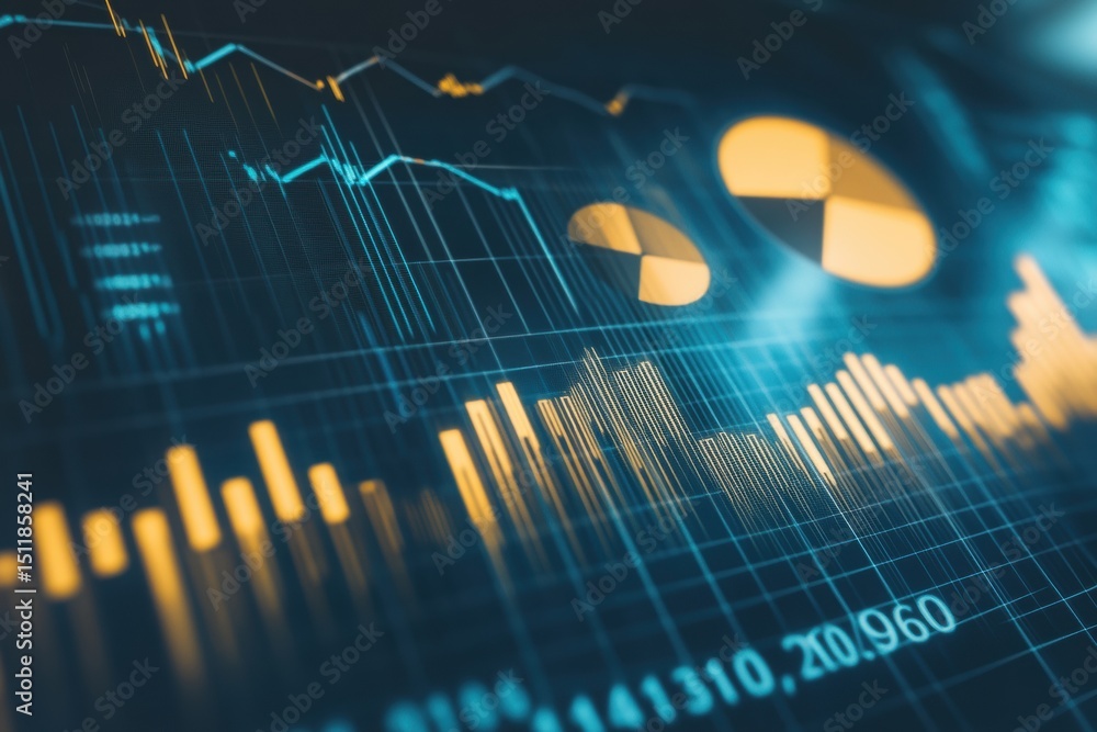 Poster abstract financial data display with blue and orange lines and graphs. futuristic analytics dashboar