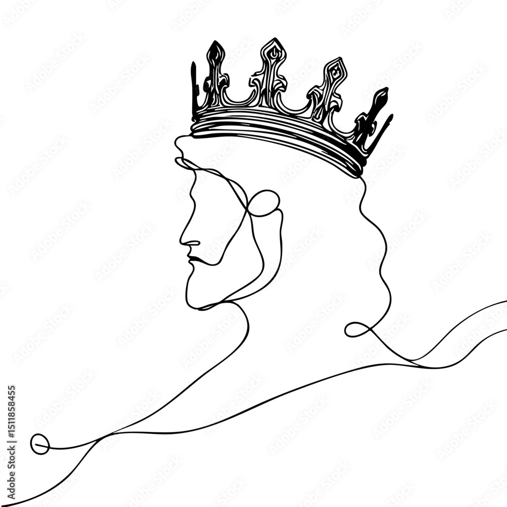Poster continuous line drawing of a king with crown profile view