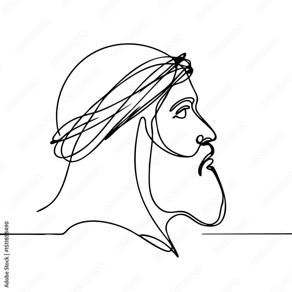 Poster continuous line drawing of a man's profile with beard and headband