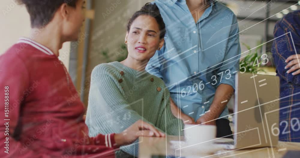 Poster male member pointing at tabletop in coworking and explaining business project with ar data floating