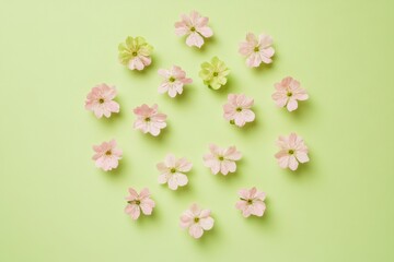 Assorted flower heads. Various petals scattered on a mute green background. Copy space. Close up of Beautiful pattern of blossoms. Flat lay, top view. Floral arrangement. Camellia, hydrangea limelight