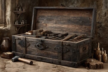 Vintage wooden toolbox with rustic carpenter tools high resolution picture