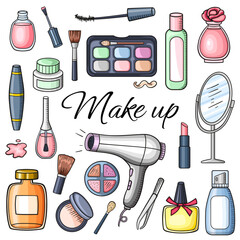 Make up and cosmetics doodle design kit.