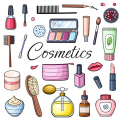 Make up and cosmetics doodle design kit.