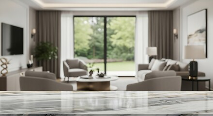 Empty Polished Marble Tabletop with Blurred Luxurious Living Room Background