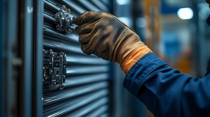 Worker in safety gloves tightening a metal door lock in a factory