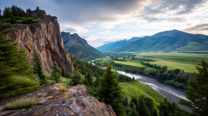 Fototapeta premium Mountain view above clouds flowers and blooming bushes at sunset sunbeams. Calm close-up beautiful landscape, screensaver background, Beautiful panorama. Summer vacation, holiday, amazing nature.