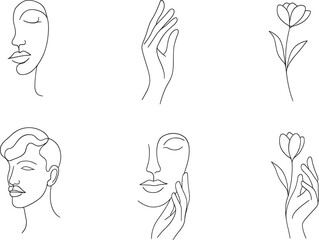 Line Art Beauty and Floral Icons Set Vector Illustration. Man and Woman Face, Hand, and Tulip Design Elements on Black