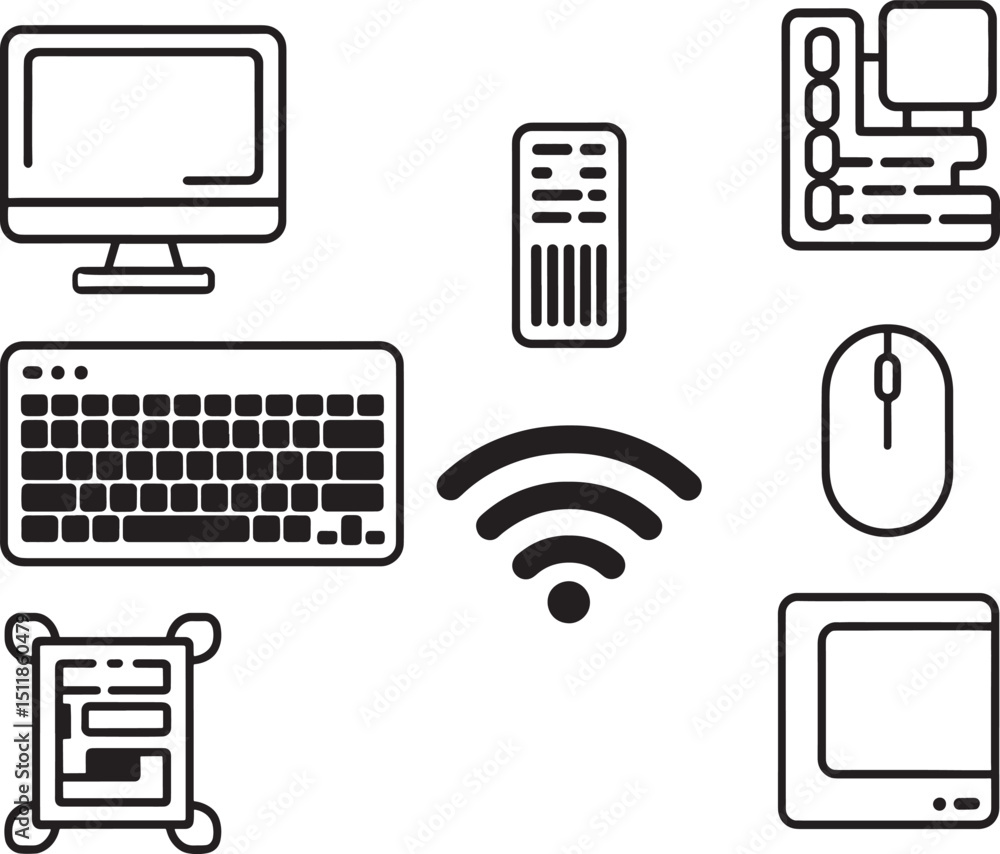 Aufkleber minimalist icon set of computer hardware and wireless connectivity devices for modern technology con