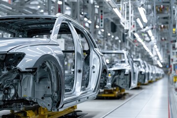 Fototapeta premium Automotive Assembly Line: Glimpse the heart of automotive production with an inside look at a modern assembly line.