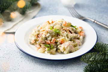 Traditional Russian salad with ham