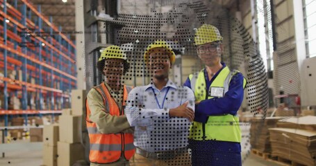 Team standing in warehouse rotating map overlay fading revealing safety vests showcasing logistics - Powered by Adobe