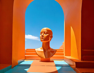A statue of a head is sitting on a blue and orange floor